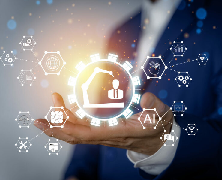 Smart industry robot arms for digital factory production technology showing automation manufacturing process of the Industry 4.0 or 4th industrial revolution and IOT software to control operation .